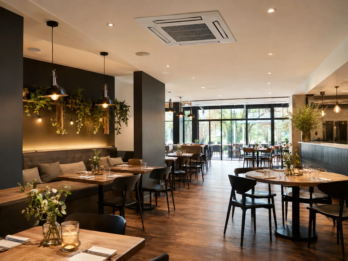 Restaurant installation with ceiling cassette air conditioning